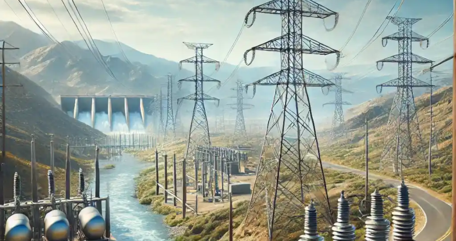 Illustration ultra réaliste représentant un réseau électrique modernisé avec des lignes électriques robustes et des installations hydrauliques en arrière-plan dans un paysage californien.