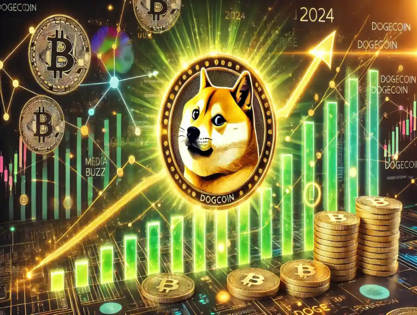 Illustration numérique montrant la montée spectaculaire du Dogecoin en 2024 avec un symbole Dogecoin doré et des graphiques financiers en hausse