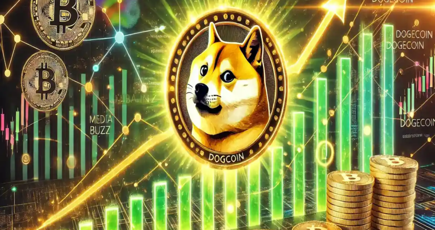 Illustration numérique montrant la montée spectaculaire du Dogecoin en 2024 avec un symbole Dogecoin doré et des graphiques financiers en hausse