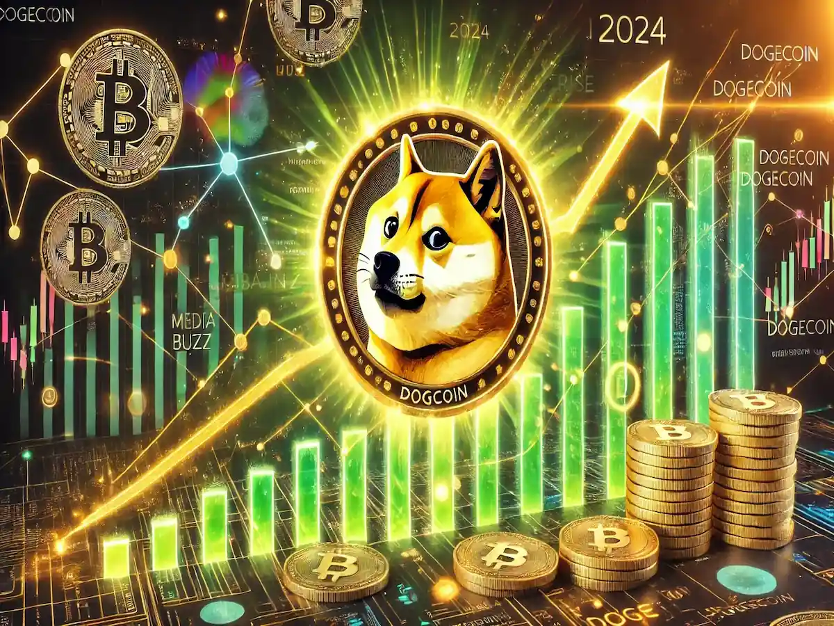 Illustration numérique montrant la montée spectaculaire du Dogecoin en 2024 avec un symbole Dogecoin doré et des graphiques financiers en hausse