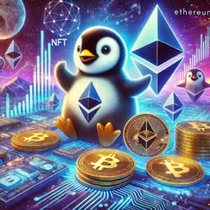 A vibrant digital illustration showcasing the booming NFT market on Ethereum with Pudgy Penguins holding Ethereum symbols, surrounded by dynamic visuals of blockchain transactions, wallets, and futuristic holograms.