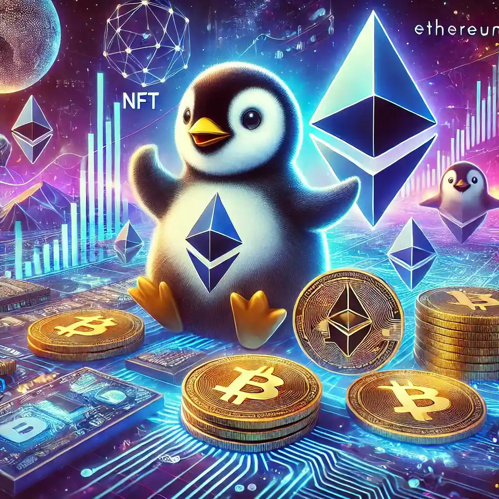 A vibrant digital illustration showcasing the booming NFT market on Ethereum with Pudgy Penguins holding Ethereum symbols, surrounded by dynamic visuals of blockchain transactions, wallets, and futuristic holograms.