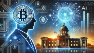 Illustration représentant la nomination stratégique d'un leader pour l'IA et la crypto, avec des éléments numériques et un thème futuriste en bleu.