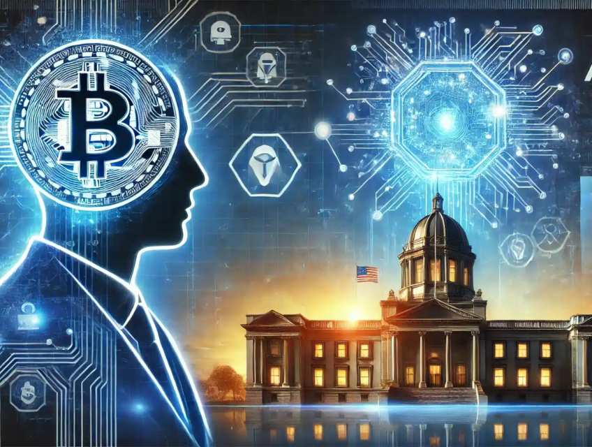Illustration représentant la nomination stratégique d'un leader pour l'IA et la crypto, avec des éléments numériques et un thème futuriste en bleu.
