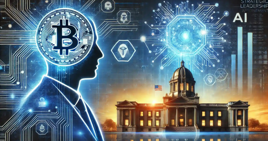 Illustration représentant la nomination stratégique d'un leader pour l'IA et la crypto, avec des éléments numériques et un thème futuriste en bleu.