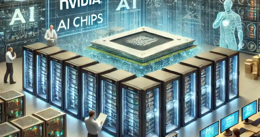 A high-tech server room showcasing Nvidia AI chips in servers, with technicians inspecting serial numbers and holographic overlays symbolizing compliance and supply chain monitoring.