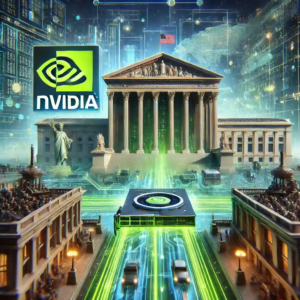 Illustration dynamique représentant l'implication de Nvidia dans une enquête fédérale sur les exportations de semi-conducteurs, mettant en lumière les tensions entre les États-Unis et la Chine.