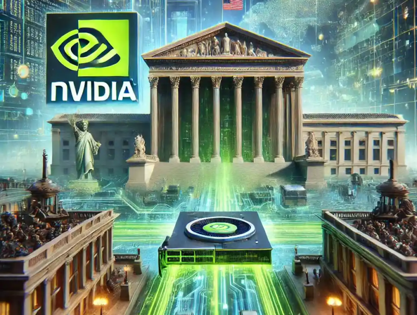 Illustration dynamique représentant l'implication de Nvidia dans une enquête fédérale sur les exportations de semi-conducteurs, mettant en lumière les tensions entre les États-Unis et la Chine.