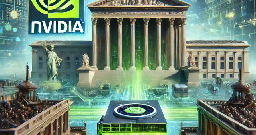 Illustration dynamique représentant l'implication de Nvidia dans une enquête fédérale sur les exportations de semi-conducteurs, mettant en lumière les tensions entre les États-Unis et la Chine.