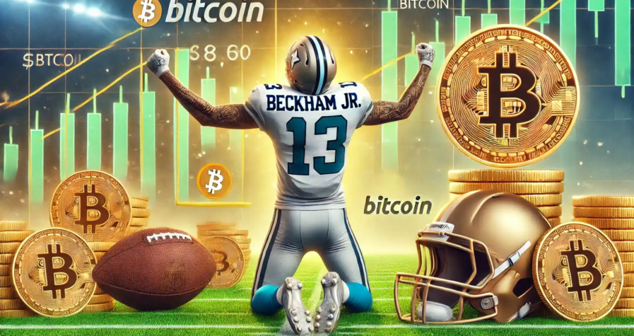Illustration réaliste mettant en scène Odell Beckham Jr. célébrant son choix de recevoir son salaire en bitcoins, avec des symboles financiers et un terrain de football en arrière-plan.