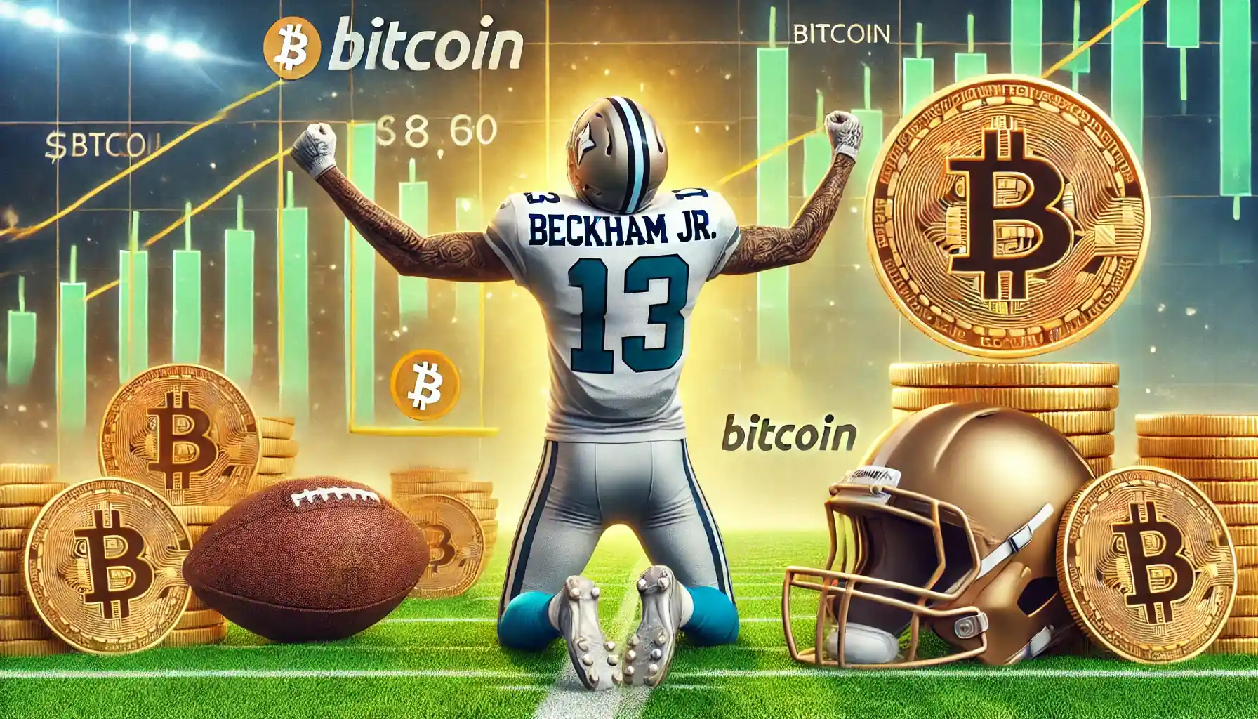 Illustration réaliste mettant en scène Odell Beckham Jr. célébrant son choix de recevoir son salaire en bitcoins, avec des symboles financiers et un terrain de football en arrière-plan.