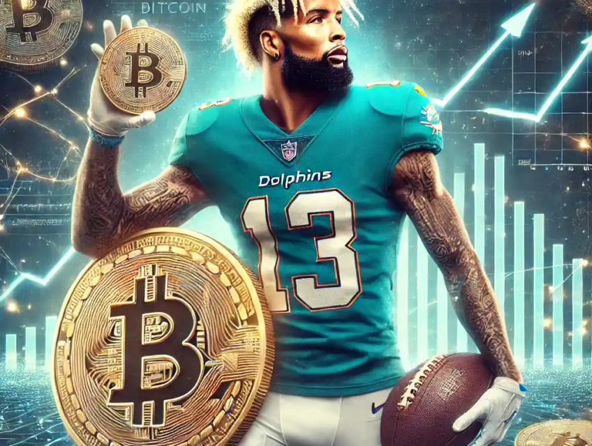 An ultra-realistic depiction of Odell Beckham Jr. in a Miami Dolphins uniform, holding a large Bitcoin coin with a futuristic background showing Bitcoin's price surge past $100,000.