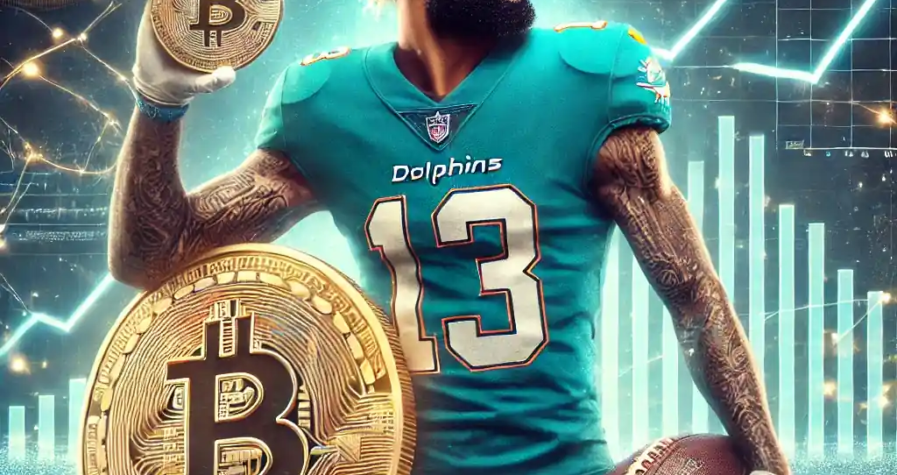 An ultra-realistic depiction of Odell Beckham Jr. in a Miami Dolphins uniform, holding a large Bitcoin coin with a futuristic background showing Bitcoin's price surge past $100,000.