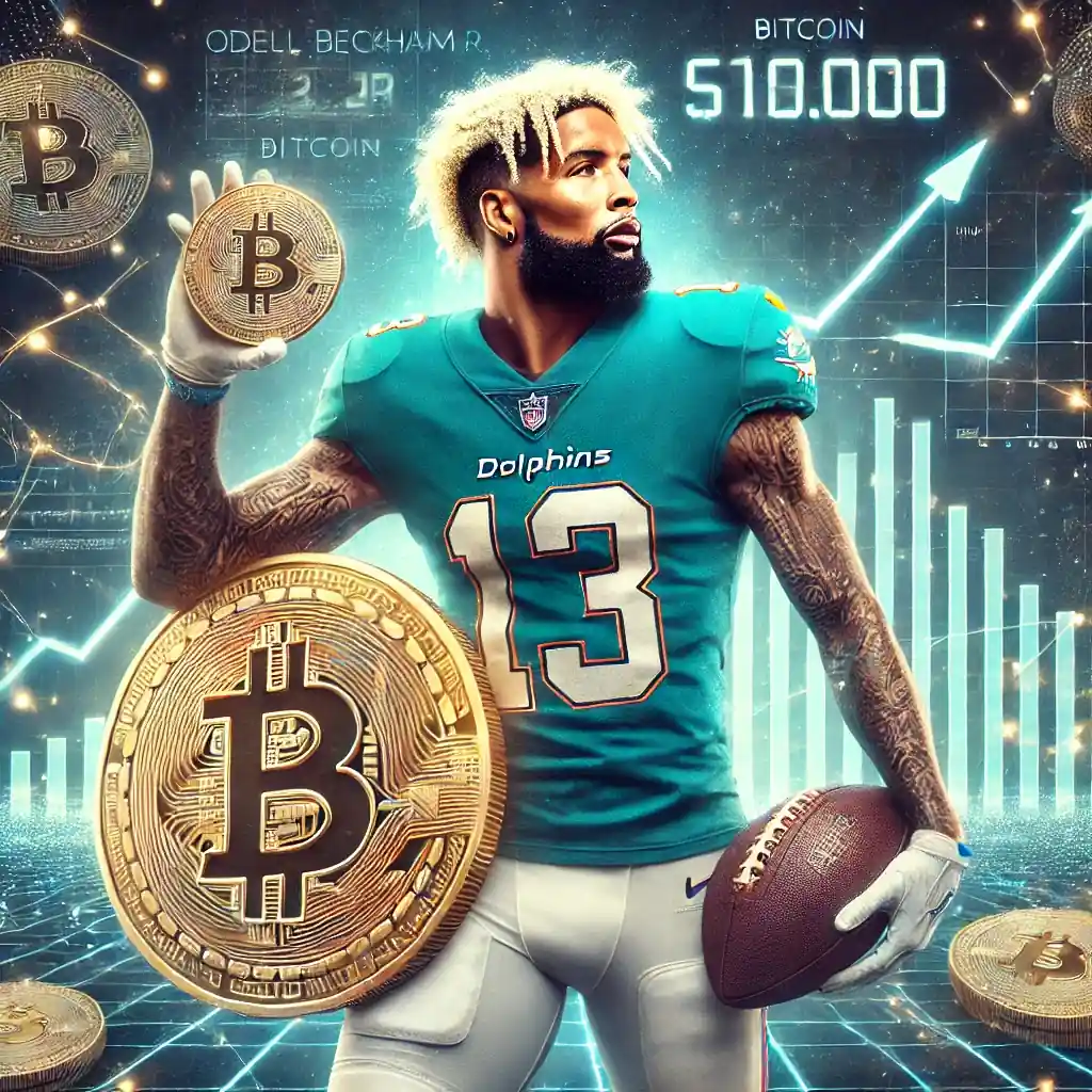 An ultra-realistic depiction of Odell Beckham Jr. in a Miami Dolphins uniform, holding a large Bitcoin coin with a futuristic background showing Bitcoin's price surge past $100,000.