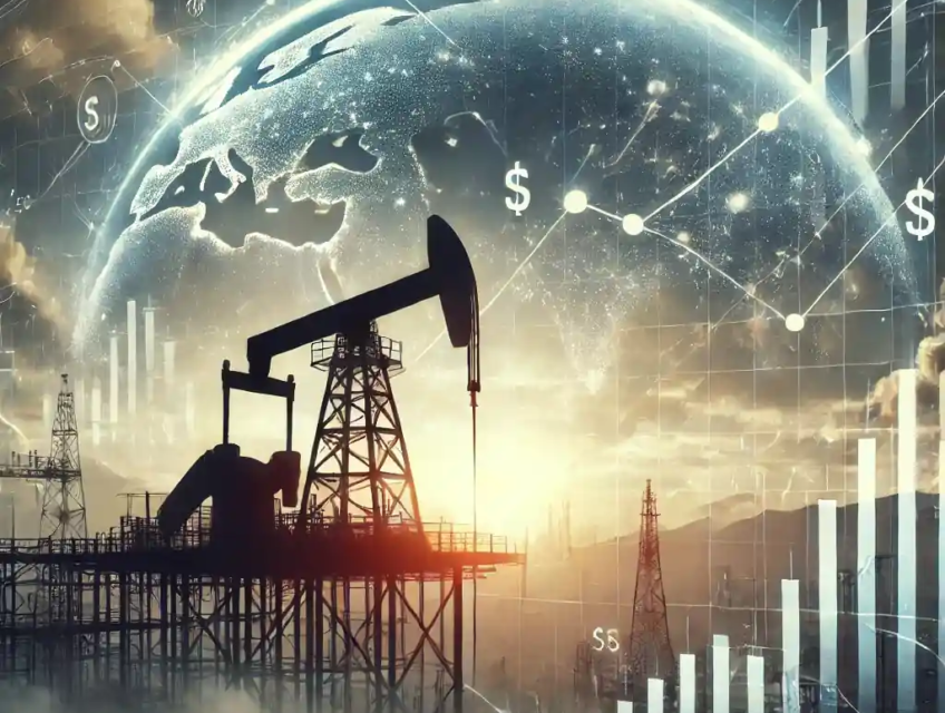 An oil rig silhouetted against a cloudy sky with financial graphs displaying declining oil prices and global market trends.