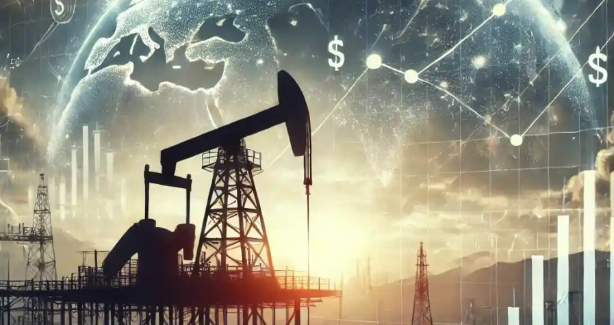 An oil rig silhouetted against a cloudy sky with financial graphs displaying declining oil prices and global market trends.