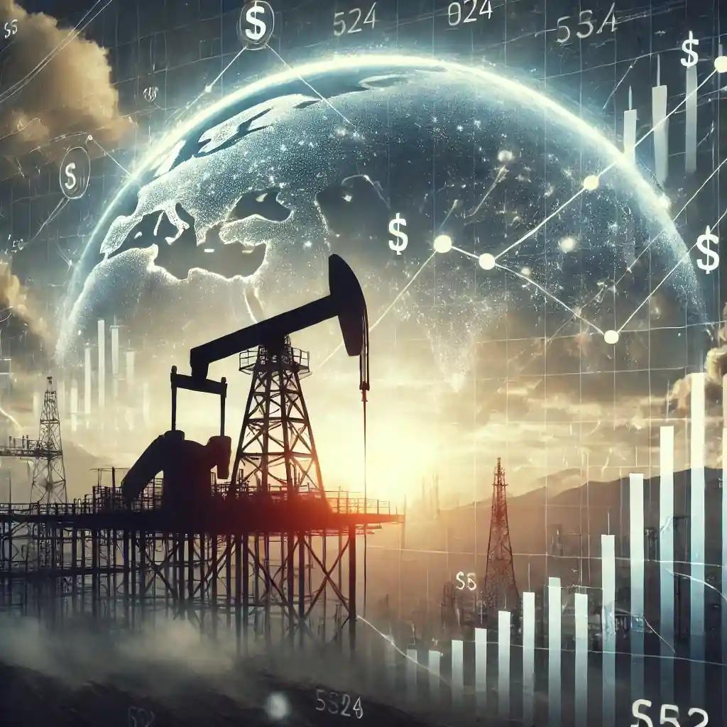 An oil rig silhouetted against a cloudy sky with financial graphs displaying declining oil prices and global market trends.