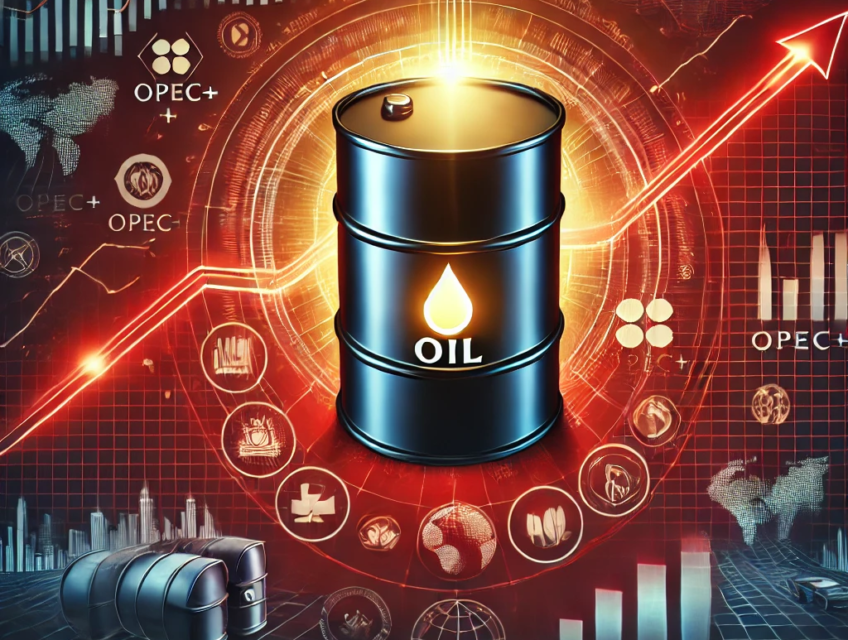 A digital artwork featuring a glowing oil barrel against a bold red backdrop, surrounded by financial graphs, OPEC+ symbols, and geopolitical icons, representing the complexities of global oil markets.