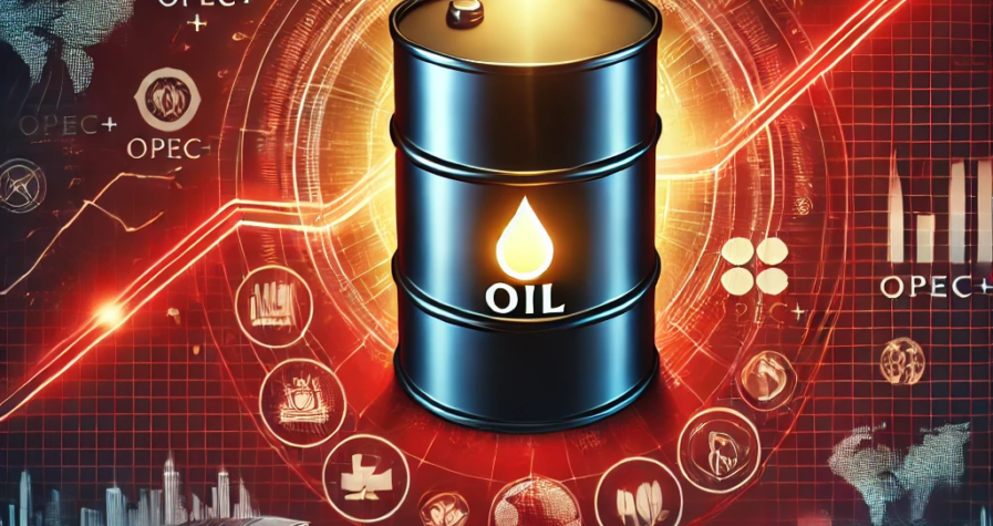 A digital artwork featuring a glowing oil barrel against a bold red backdrop, surrounded by financial graphs, OPEC+ symbols, and geopolitical icons, representing the complexities of global oil markets.