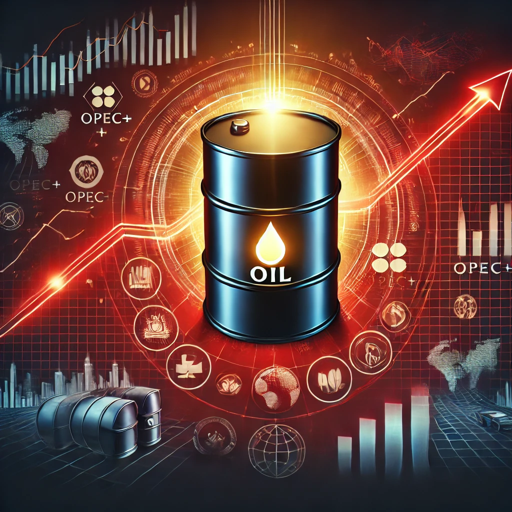A digital artwork featuring a glowing oil barrel against a bold red backdrop, surrounded by financial graphs, OPEC+ symbols, and geopolitical icons, representing the complexities of global oil markets.