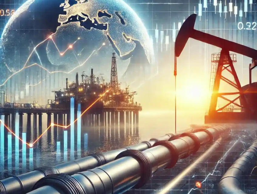 An oil rig operating at sunrise with financial graphs showing a rebound in oil prices, alongside a flowing pipeline symbolizing resumed European supply.