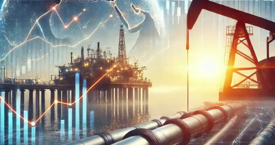 An oil rig operating at sunrise with financial graphs showing a rebound in oil prices, alongside a flowing pipeline symbolizing resumed European supply.