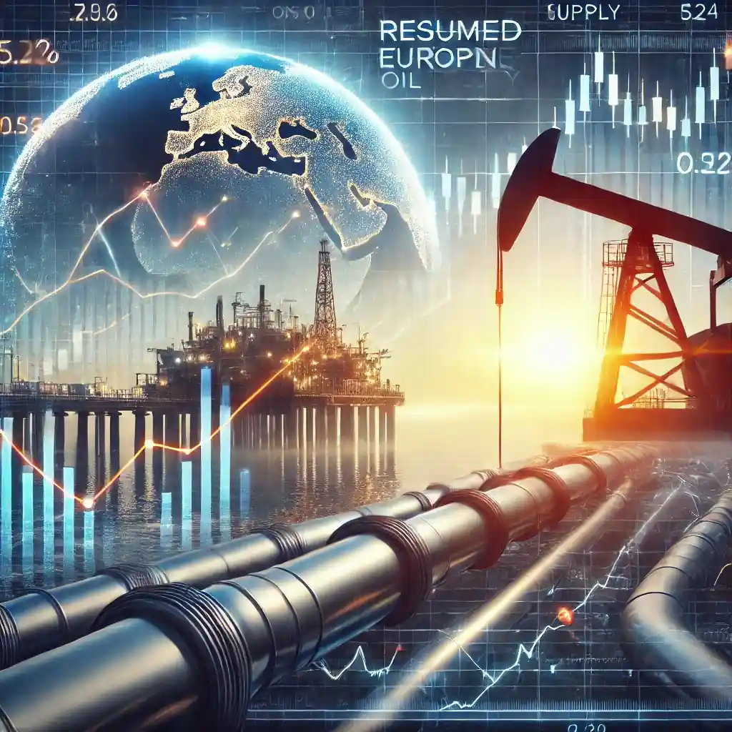An oil rig operating at sunrise with financial graphs showing a rebound in oil prices, alongside a flowing pipeline symbolizing resumed European supply.