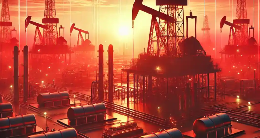 A realistic depiction of an oil drilling site at sunrise, with oil rigs silhouetted in red tones, symbolizing global oil market dynamics.
