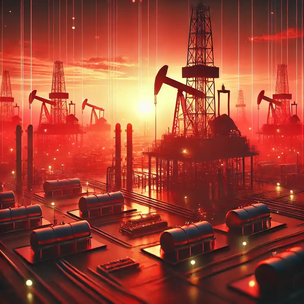 A realistic depiction of an oil drilling site at sunrise, with oil rigs silhouetted in red tones, symbolizing global oil market dynamics.