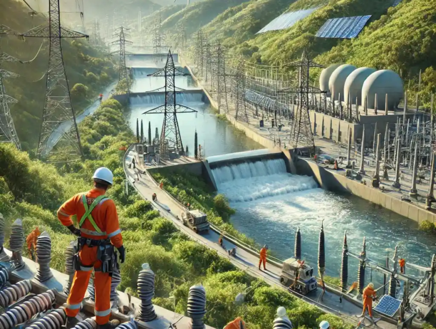An ultra-realistic scene of workers inspecting modern power lines and hydroelectric infrastructure amidst green hills, symbolizing climate resilience.