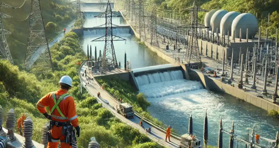 An ultra-realistic scene of workers inspecting modern power lines and hydroelectric infrastructure amidst green hills, symbolizing climate resilience.