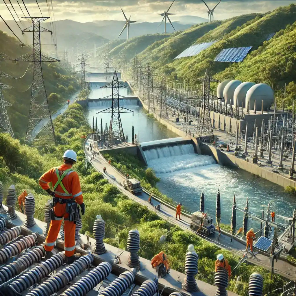 An ultra-realistic scene of workers inspecting modern power lines and hydroelectric infrastructure amidst green hills, symbolizing climate resilience.