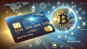 Illustration numérique du partenariat entre Crypto.com et Mastercard pour des paiements numériques révolutionnaires, avec une carte premium et des icônes blockchain.