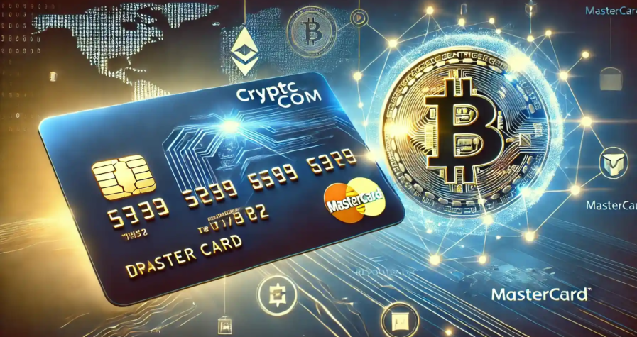 Illustration numérique du partenariat entre Crypto.com et Mastercard pour des paiements numériques révolutionnaires, avec une carte premium et des icônes blockchain.