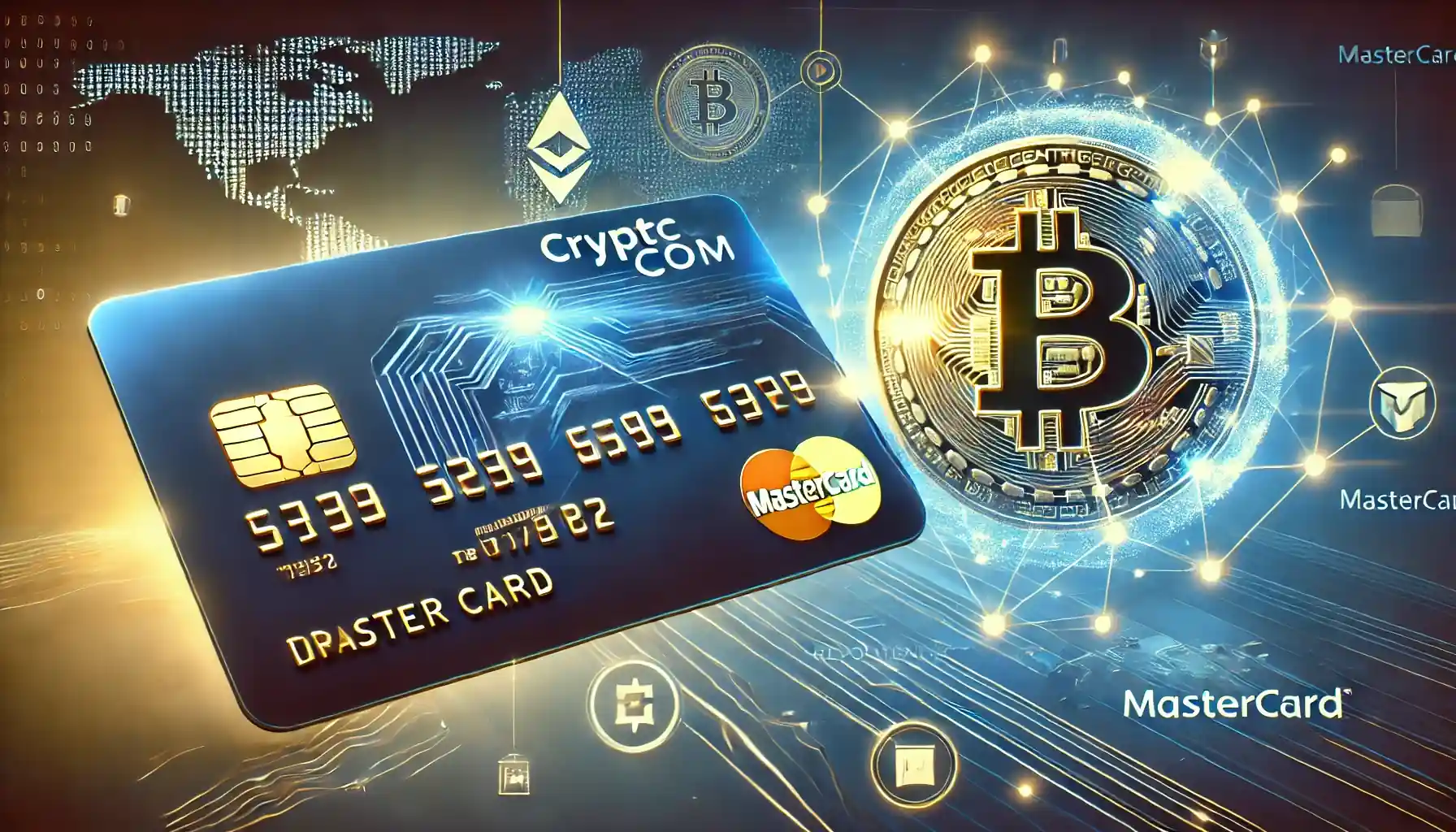 Illustration numérique du partenariat entre Crypto.com et Mastercard pour des paiements numériques révolutionnaires, avec une carte premium et des icônes blockchain.