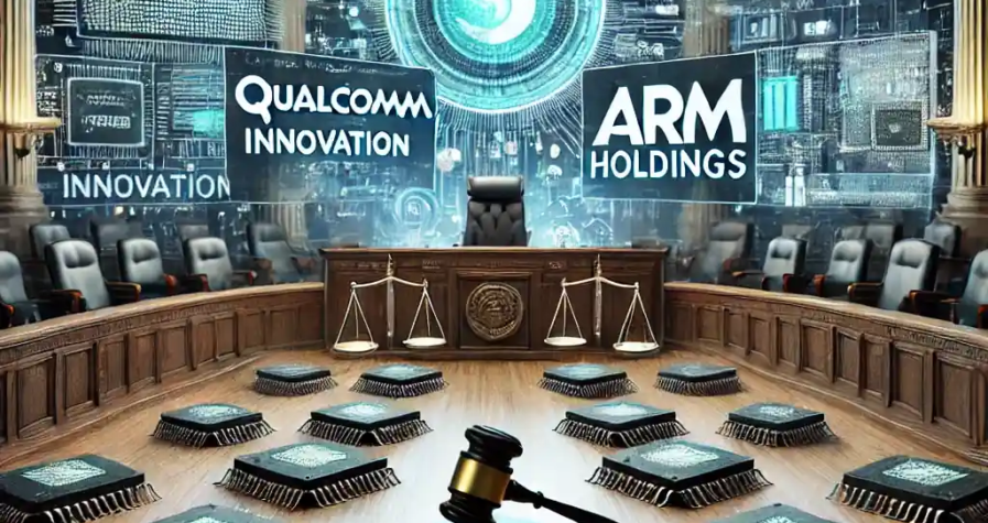 A courtroom scene with semiconductor chips and legal documents, symbolizing Qualcomm’s legal battle against Arm Holdings over chip technology licensing.