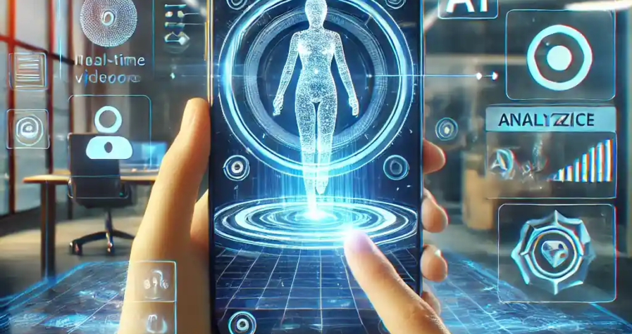 A futuristic person using a smartphone with real-time video feed and AI analysis, highlighting OpenAI's groundbreaking video-processing technology.