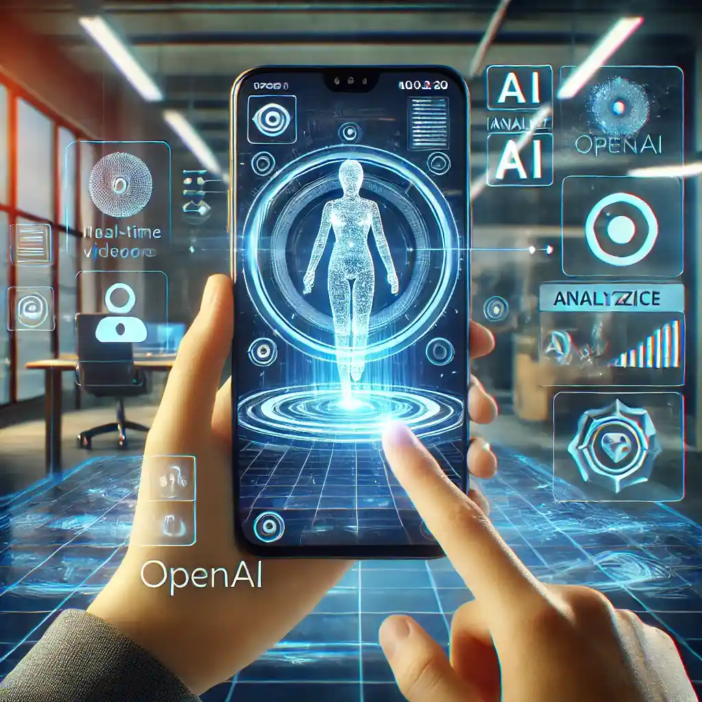 A futuristic person using a smartphone with real-time video feed and AI analysis, highlighting OpenAI's groundbreaking video-processing technology.