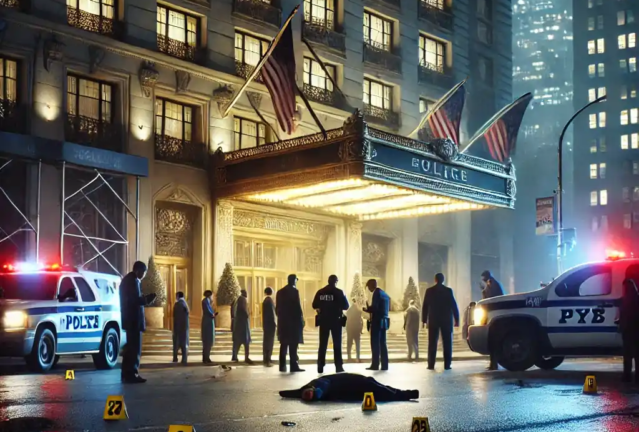 A realistic depiction of a crime scene in Midtown Manhattan at night, featuring a hotel entrance cordoned off by police tape, with officers and investigators examining evidence under bright city lights.
