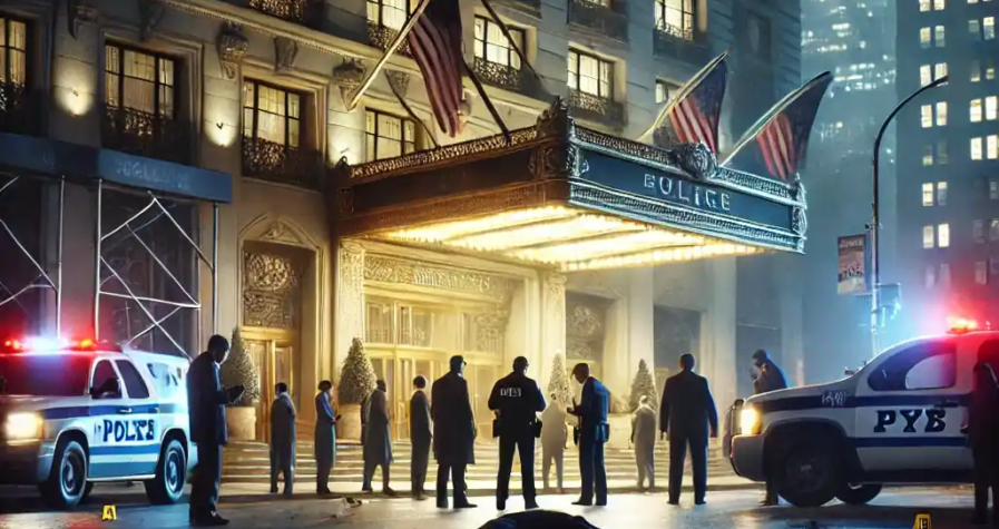 A realistic depiction of a crime scene in Midtown Manhattan at night, featuring a hotel entrance cordoned off by police tape, with officers and investigators examining evidence under bright city lights.