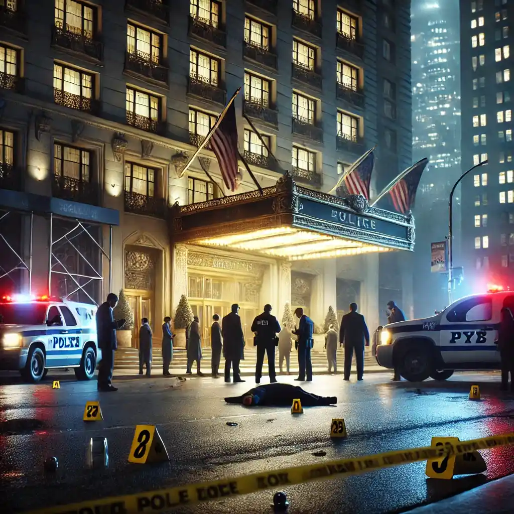 A realistic depiction of a crime scene in Midtown Manhattan at night, featuring a hotel entrance cordoned off by police tape, with officers and investigators examining evidence under bright city lights.