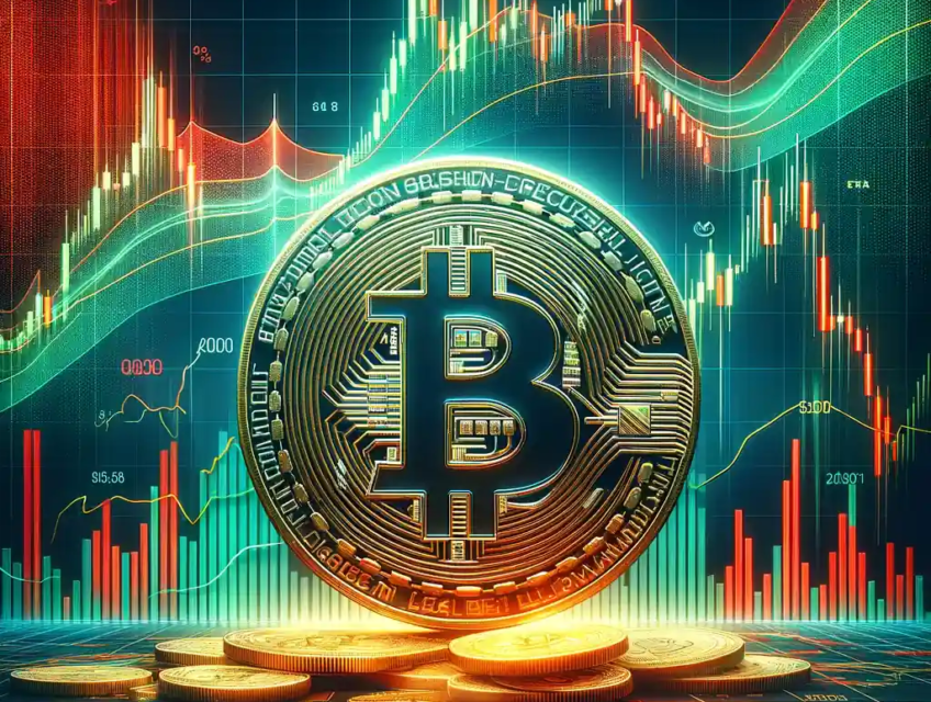 Bitcoin market correction illustrated with fluctuating graph lines and a prominent Bitcoin symbol.