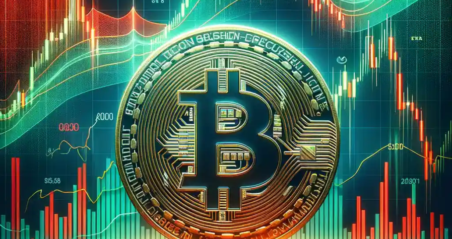Bitcoin market correction illustrated with fluctuating graph lines and a prominent Bitcoin symbol.