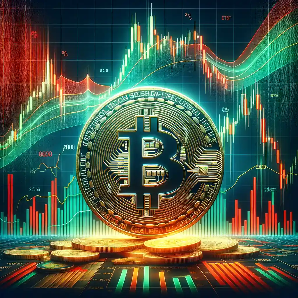 Bitcoin market correction illustrated with fluctuating graph lines and a prominent Bitcoin symbol.