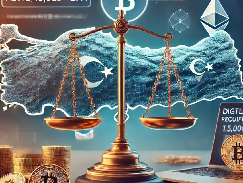 Une illustration réaliste représentant les nouvelles régulations crypto en Turquie, avec une carte de la Turquie entourée d'icônes de crypto-monnaies, une balance de justice symbolisant la législation stricte, et des écrans montrant des portefeuilles numériques avec des exigences d'identification.