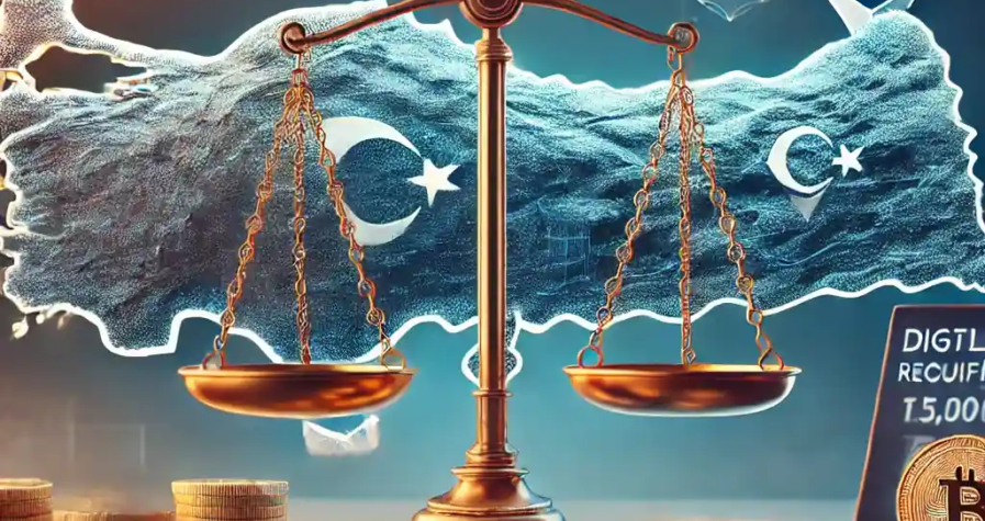 Une illustration réaliste représentant les nouvelles régulations crypto en Turquie, avec une carte de la Turquie entourée d'icônes de crypto-monnaies, une balance de justice symbolisant la législation stricte, et des écrans montrant des portefeuilles numériques avec des exigences d'identification.