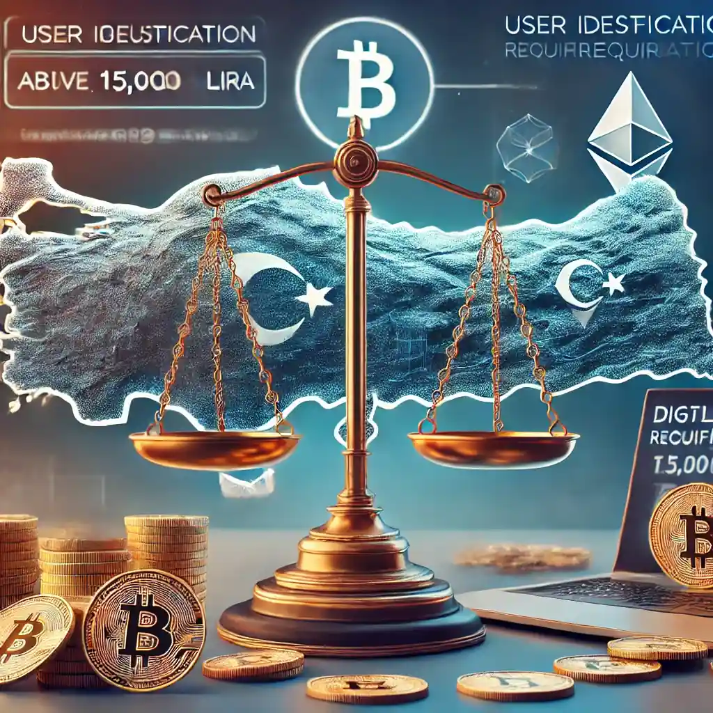 Une illustration réaliste représentant les nouvelles régulations crypto en Turquie, avec une carte de la Turquie entourée d'icônes de crypto-monnaies, une balance de justice symbolisant la législation stricte, et des écrans montrant des portefeuilles numériques avec des exigences d'identification.