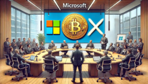 Illustration réaliste montrant une réunion d'actionnaires de Microsoft, symbolisant le rejet de Bitcoin, avec des logos barrés et une ambiance tendue dans une salle de conférence.