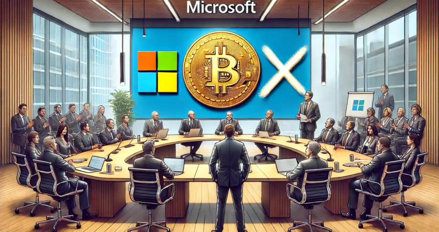 Illustration réaliste montrant une réunion d'actionnaires de Microsoft, symbolisant le rejet de Bitcoin, avec des logos barrés et une ambiance tendue dans une salle de conférence.
