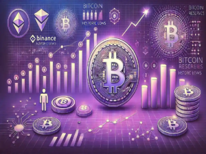Illustration de la diminution des réserves de Bitcoin sur les principales bourses, avec des graphiques et des éléments symboliques de blockchain